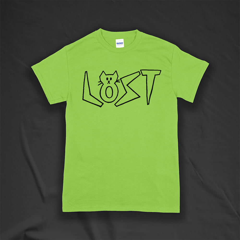 Charlottes Black Cat Letters. Hand drawn design of cat shaped letters. Drawn by my daughter Charlotte, and printed with black ink on a lime green shirt.