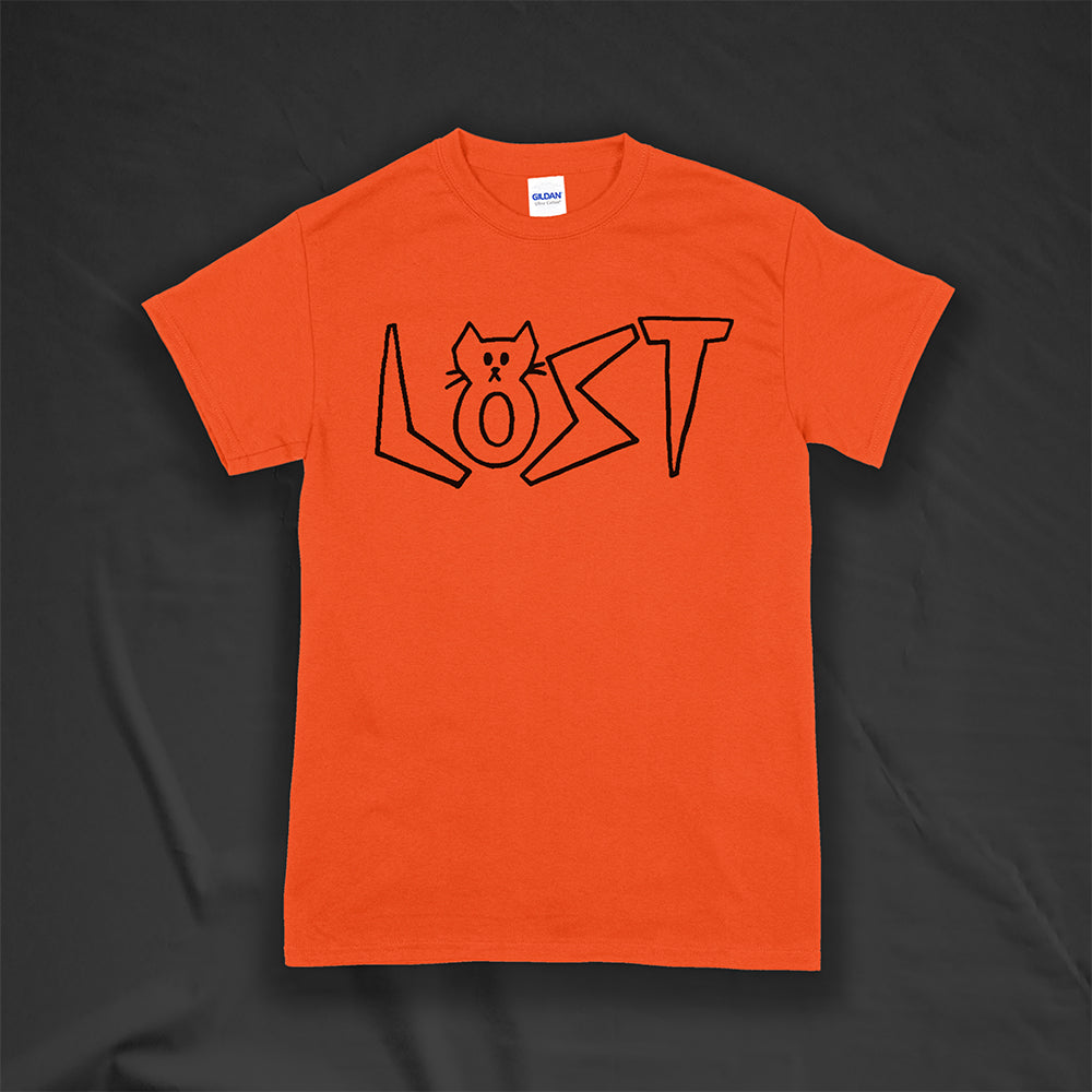 Charlottes Black Cat Letters. Hand drawn design of cat shaped letters. Drawn by my daughter Charlotte, and printed with black ink on an orange shirt.