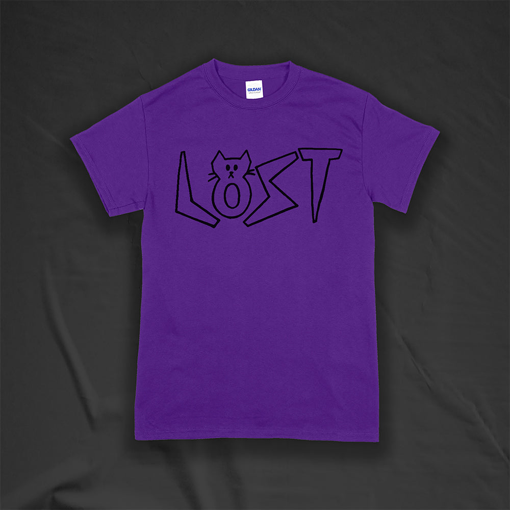 Charlottes Black Cat Letters. Hand drawn design of cat shaped letters. Drawn by my daughter Charlotte, and printed with black ink on a purple shirt.