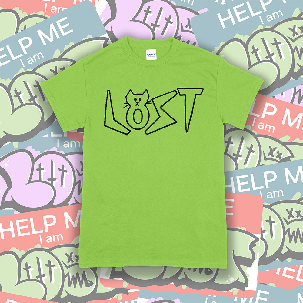 Charlottes Black Cat Letters. Hand drawn design of cat shaped letters. Drawn by my daughter Charlotte, and printed with black ink on a lime green cotton shirt. Lots of cool stickers in the background. 