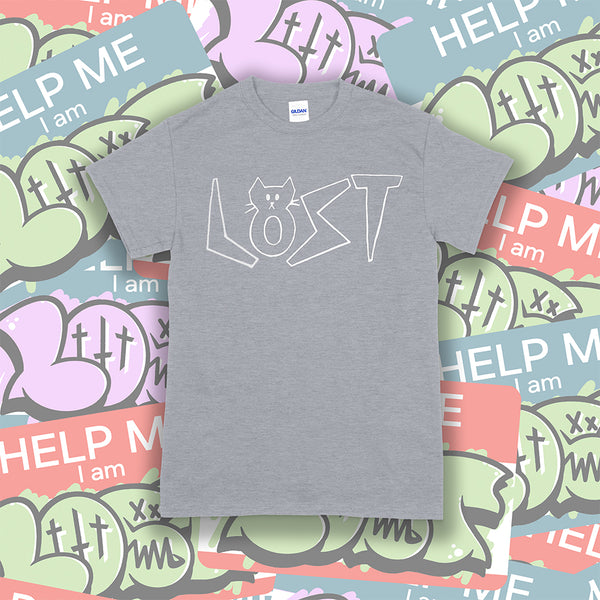 Charlottes Black Cat Letters. Hand drawn design of cat shaped letters. Drawn by my daughter Charlotte, and printed with white ink on a gray cotton shirt. A collection of colorful graffiti stickers makes up the background. 