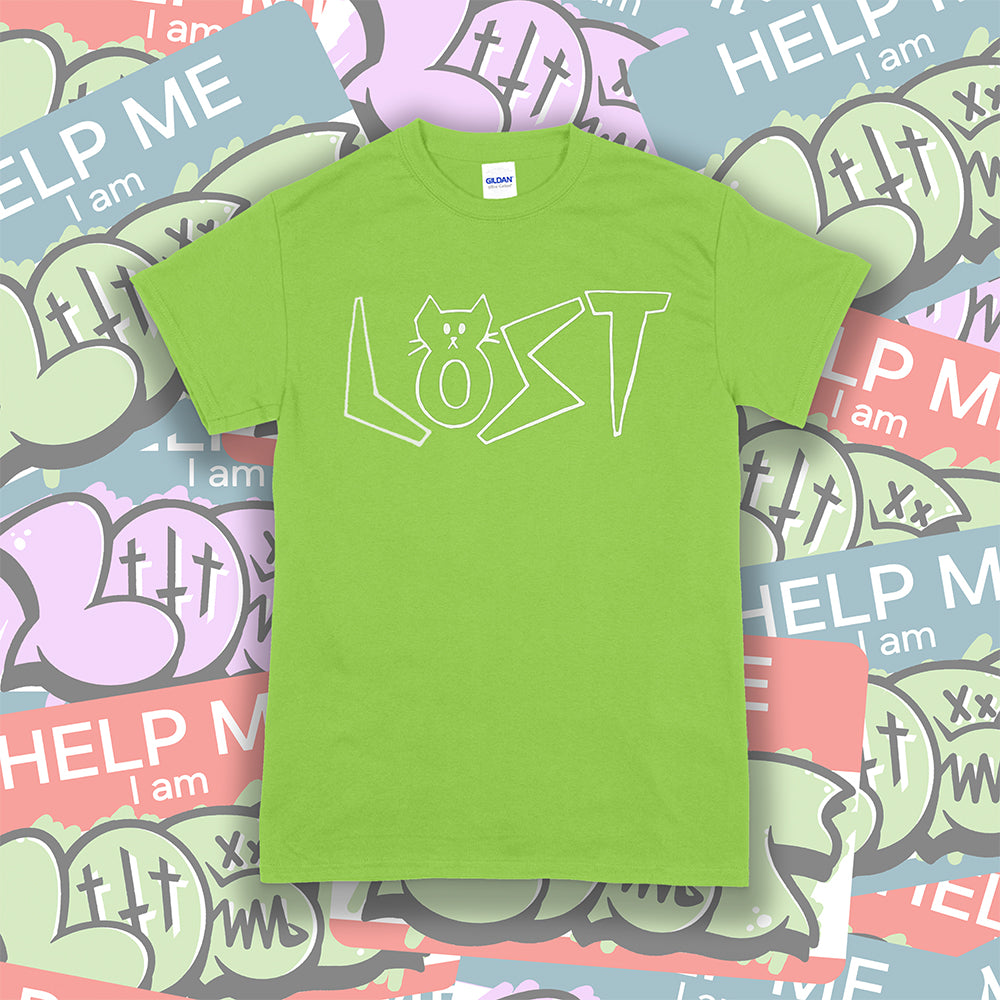 Charlottes Black Cat Letters. Hand drawn design of cat shaped letters. Drawn by my daughter Charlotte, and printed with white ink on a lime green cotton shirt. A collection of colorful graffiti stickers makes up the background. 