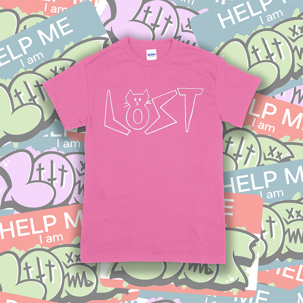 Charlottes Black Cat Letters. Hand drawn design of cat shaped letters. Drawn by my daughter Charlotte, and printed with white ink on a bright pink cotton shirt. A collection of colorful graffiti stickers makes up the background. 