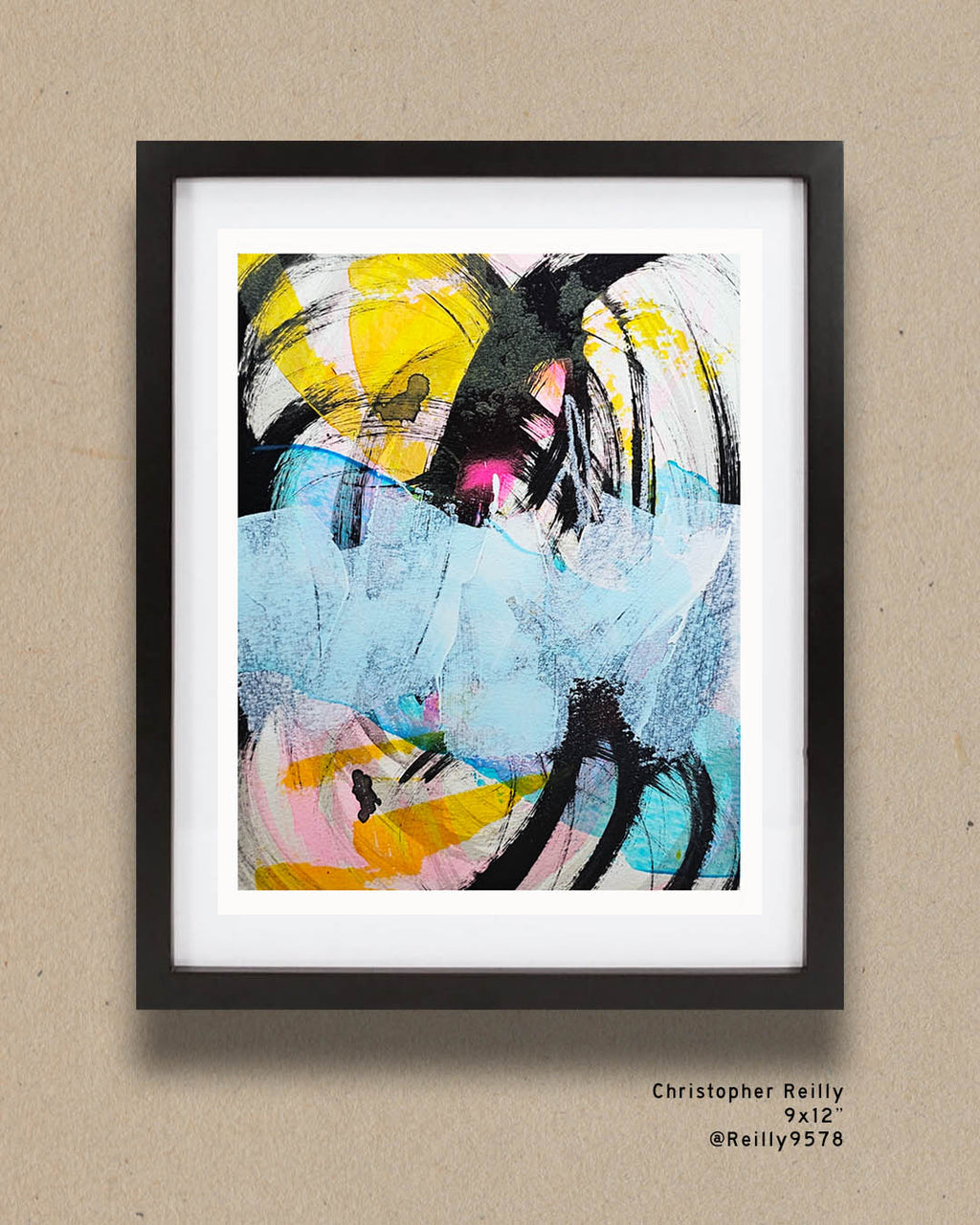 A bright, multicolored abstract painting by Canadian artist Christopher Reilly.