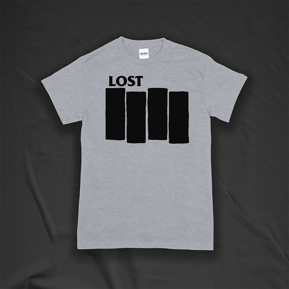 The Lost Flag t-shirt. A bold and iconic Black logo screen printed on a grey shirt. 