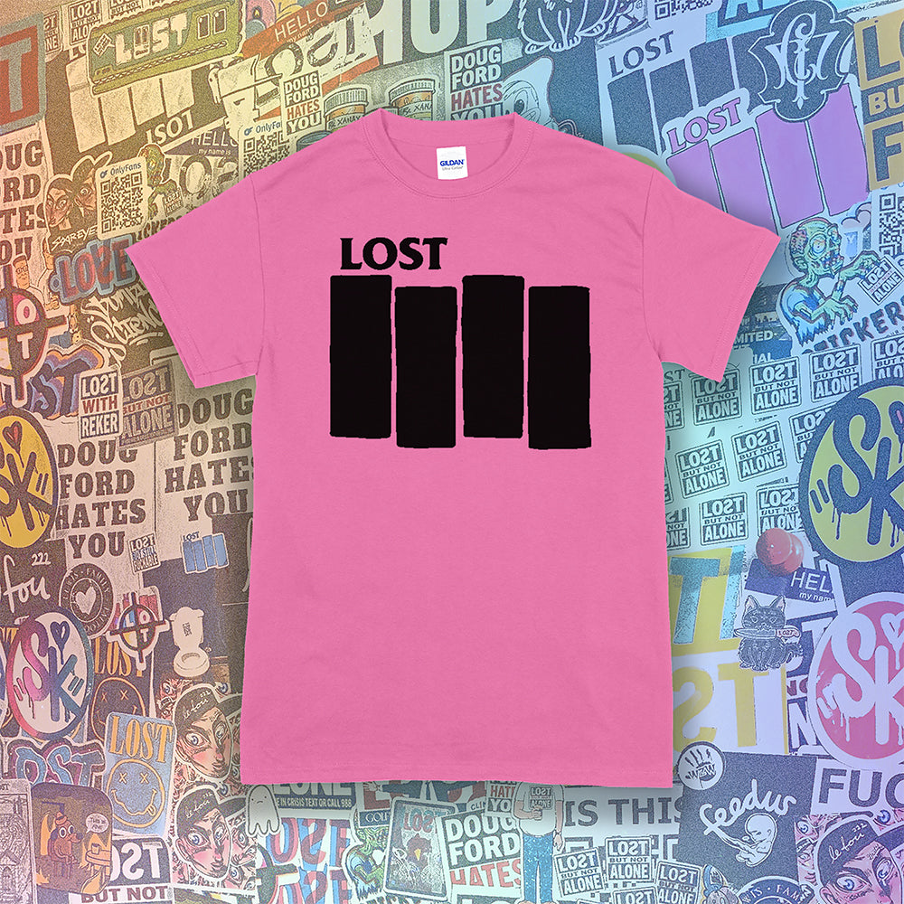 The Lost Flag t-shirt by lost streetwear. A bold and iconic Black logo screen printed on a bright pink shirt. The background is a collection of colorful graffiti stickers from artists around the world.