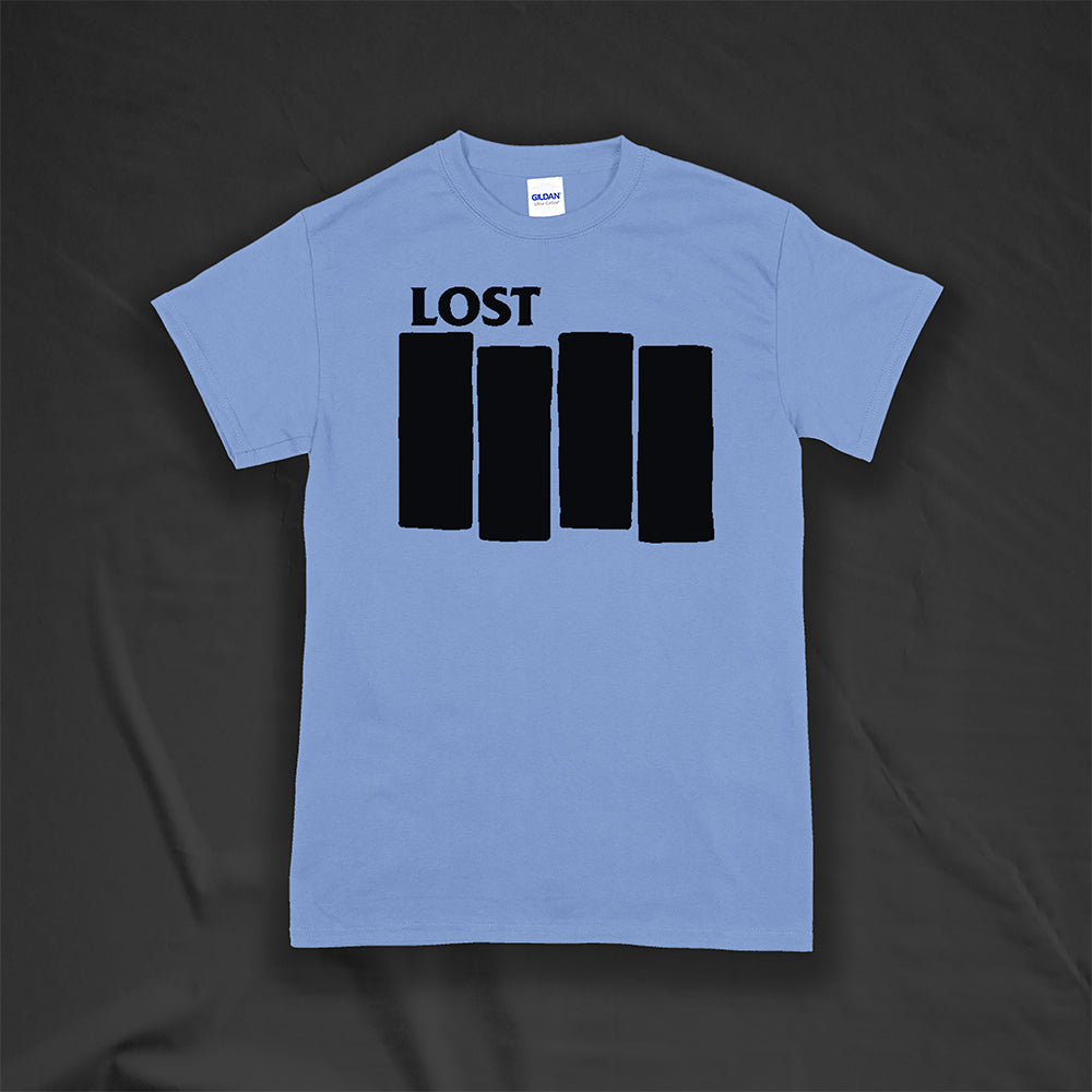 The Lost Flag t-shirt by lost streetwear. A bold and iconic Black logo screen printed on a Carolina blue shirt.