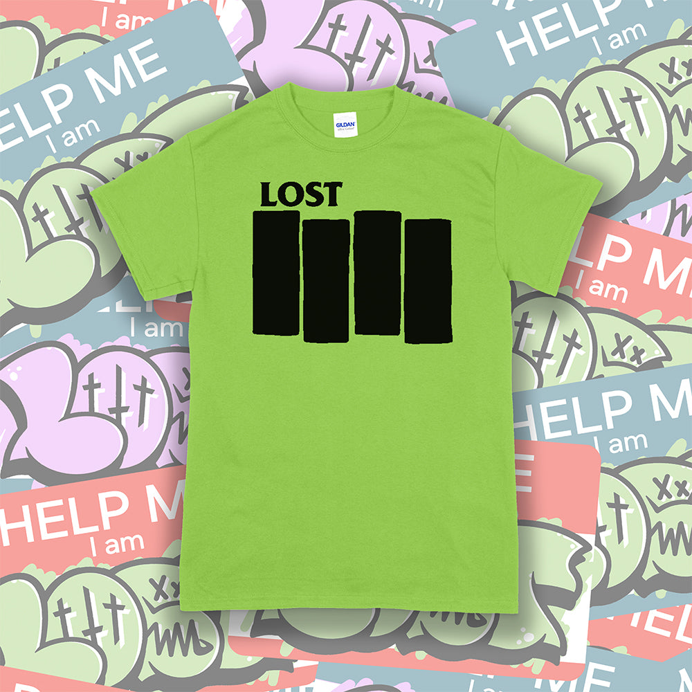 The Lost Flag t-shirt by lost streetwear. A bold and iconic Black logo screen printed on a lime green shirt. The background is a collection of colorful graffiti stickers.