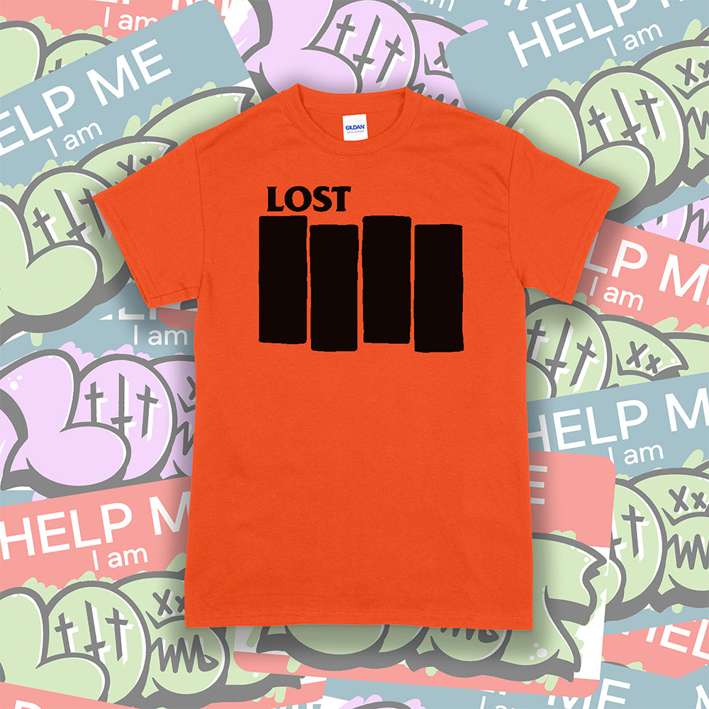 The Lost Flag t-shirt by lost streetwear. A bold and iconic Black logo screen printed on an orange shirt. The background is a collection of colorful graffiti stickers.