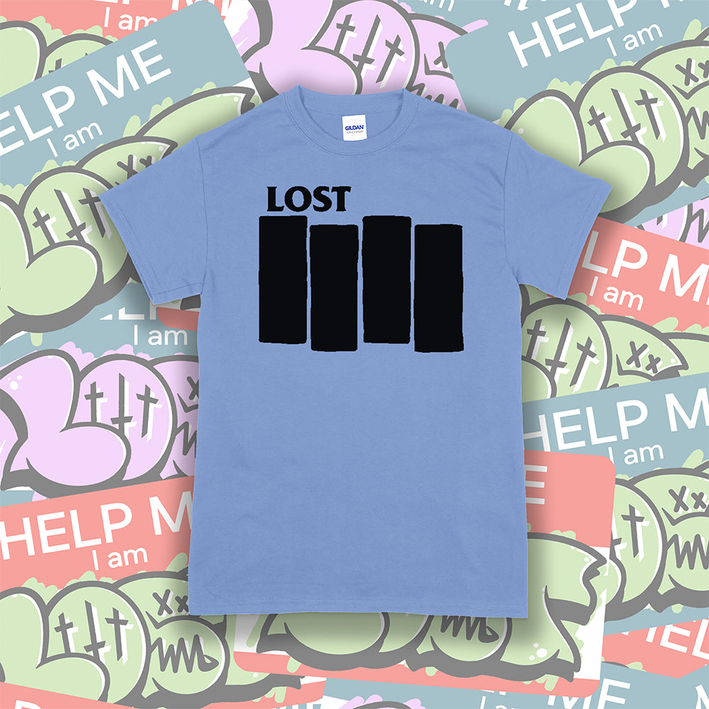 The Lost Flag t-shirt by lost streetwear. A bold and iconic Black logo screen printed on a Carolina blue shirt. The background is a collection of colorful graffiti stickers.
