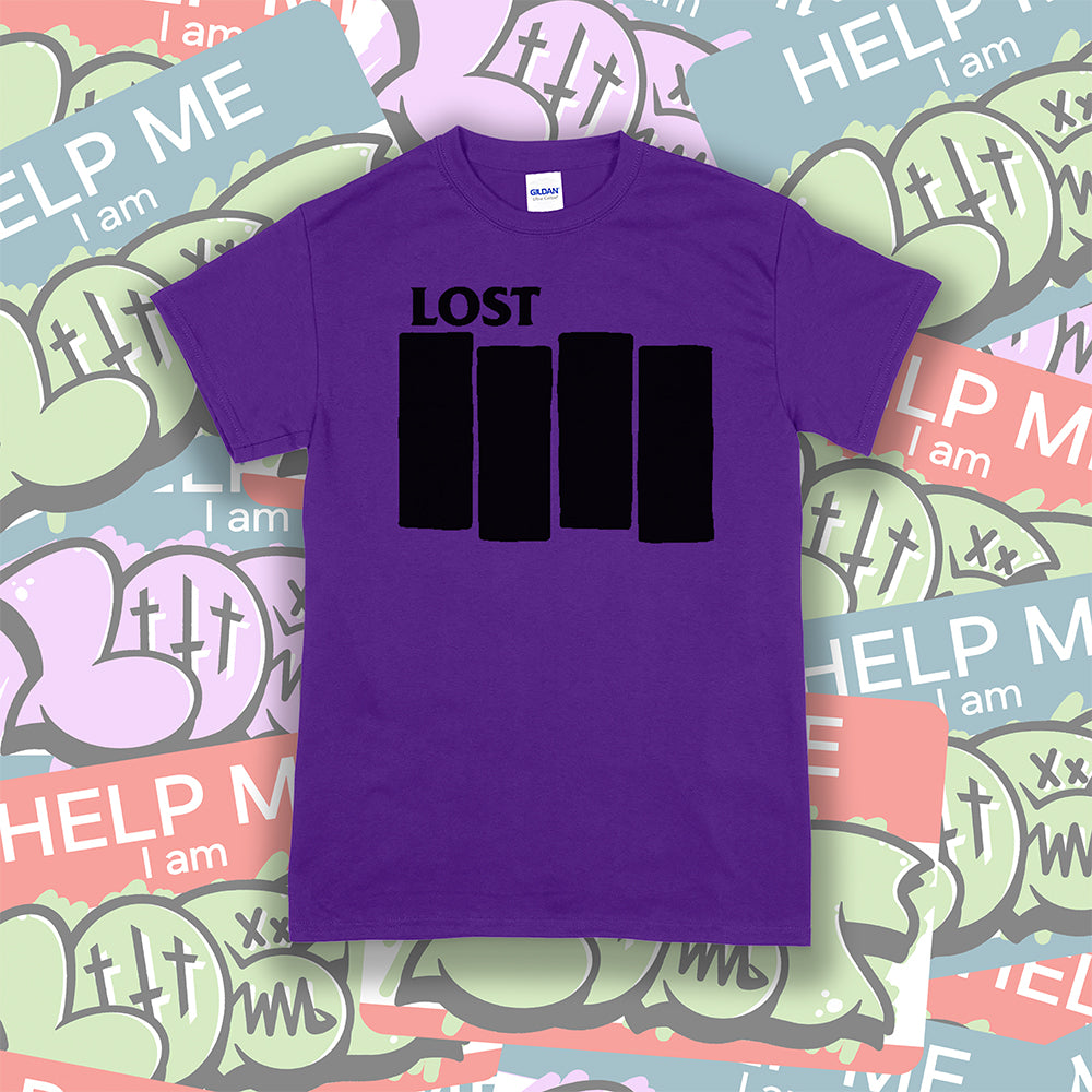 The Lost Flag t-shirt by lost streetwear. A bold and iconic Black logo screen printed on a purple shirt. The background is a collection of colorful graffiti stickers.