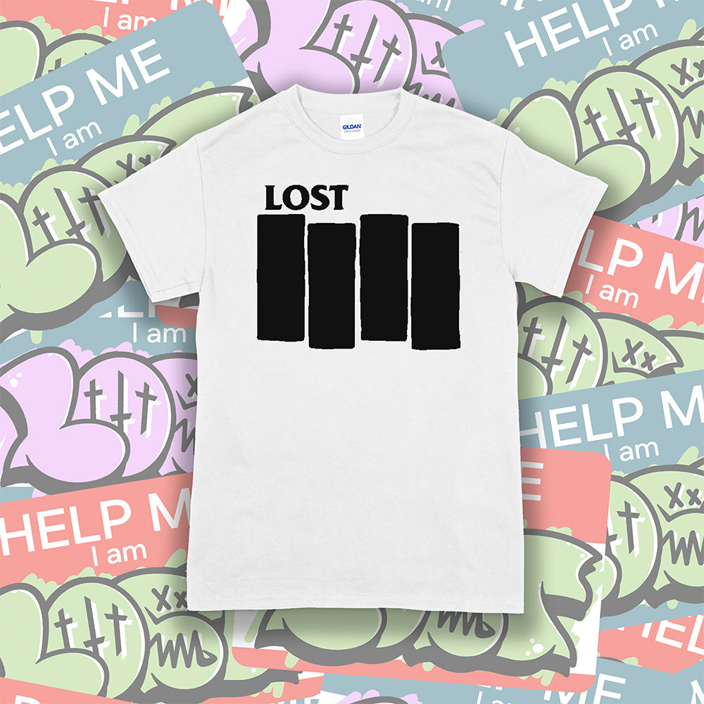 The Lost Flag t-shirt by lost streetwear. A bold and iconic Black logo screen printed on a crisp white shirt. The background is a collection of colorful graffiti stickers.