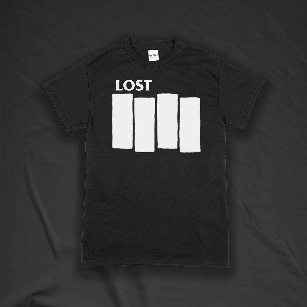 The Lost Flag t-shirt. The iconic bold logo is screen printed in white ink on a black cotton shirt.