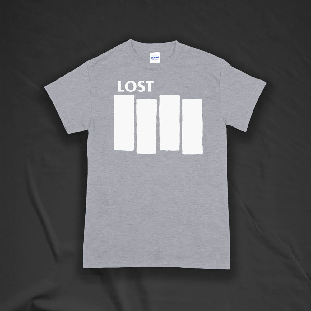 The Lost Flag t-shirt. The iconic bold logo is screen printed in white ink on a grey cotton shirt.