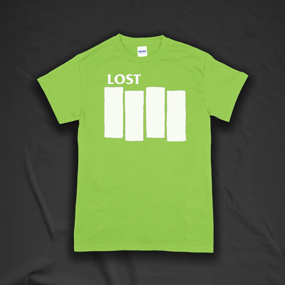 The Lost Flag t-shirt. The iconic bold logo is screen printed in white ink on a bright green cotton shirt.