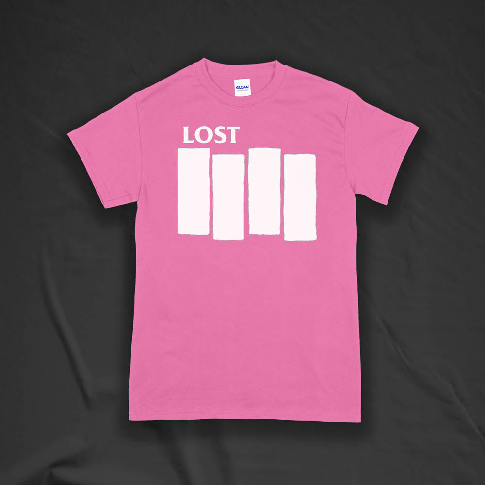 The Lost Flag t-shirt. The iconic bold logo is screen printed in white ink on a bright pink cotton shirt.
