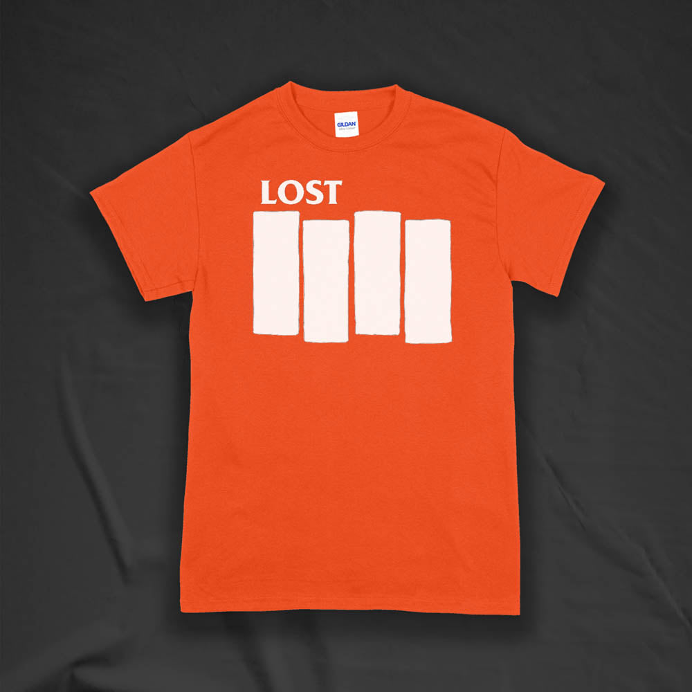 The Lost Flag t-shirt. The iconic bold logo is screen printed in white ink on a bright orange cotton shirt.
