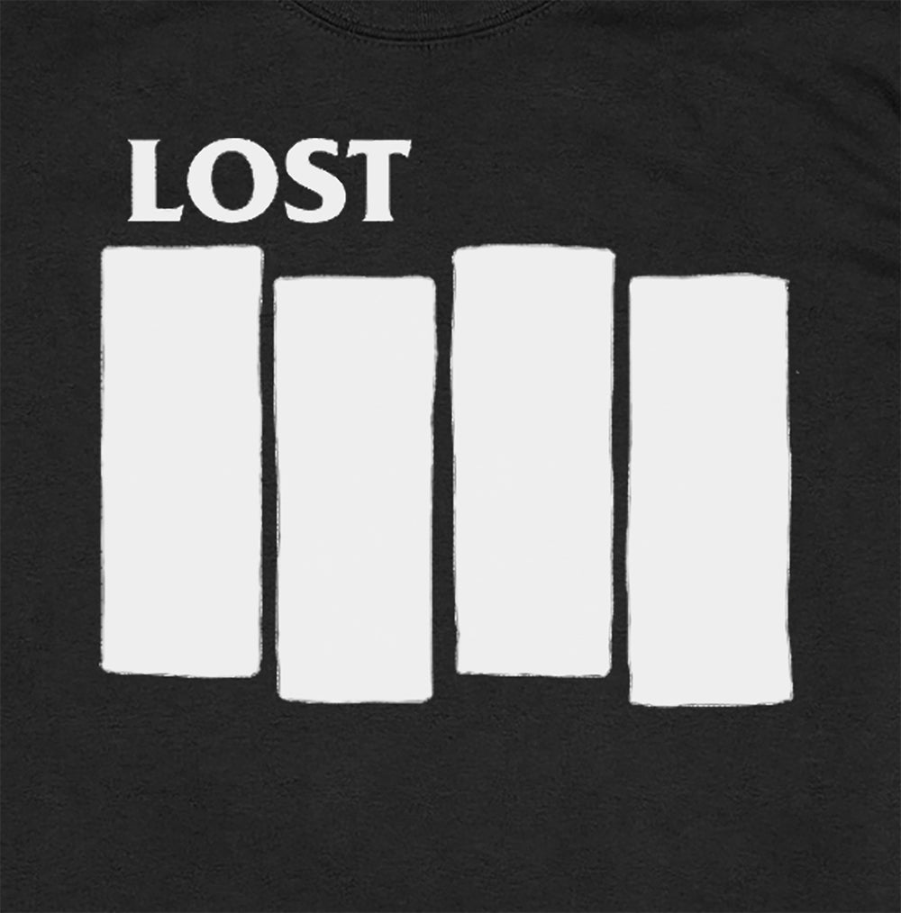 A close up view of the The Lost Flag t-shirt graphic. The iconic bold logo is screen printed in white ink on a black cotton shirt.