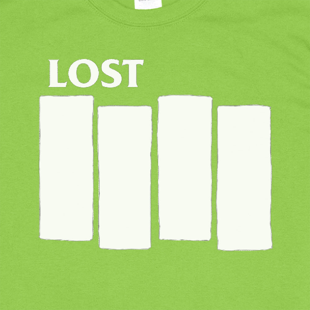 Close up view of the Lost Flag t-shirt graphic. The iconic bold logo is screen printed in white ink on a bright green cotton shirt by lost streetwear. 