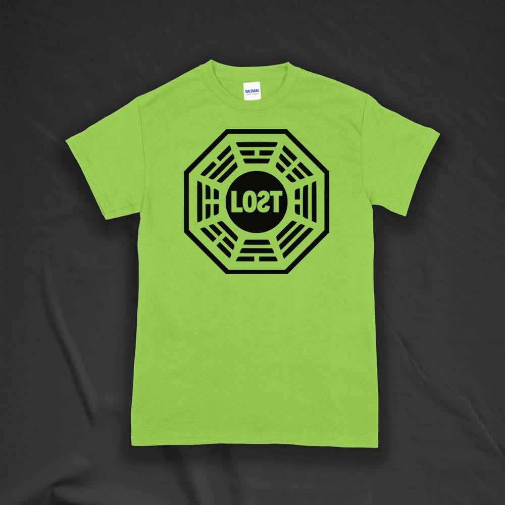 The Lost Initiative t-shirt by Lost Streetwear. The bold black logo is screen printed on a bright green shirt.