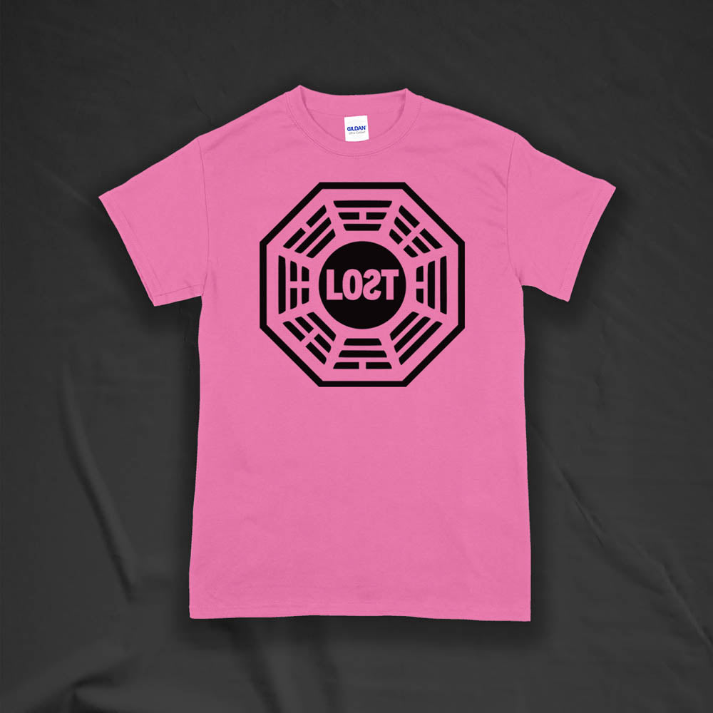 The Lost Initiative t-shirt by Lost Streetwear. The bold black logo is screen printed on a bright pink shirt.