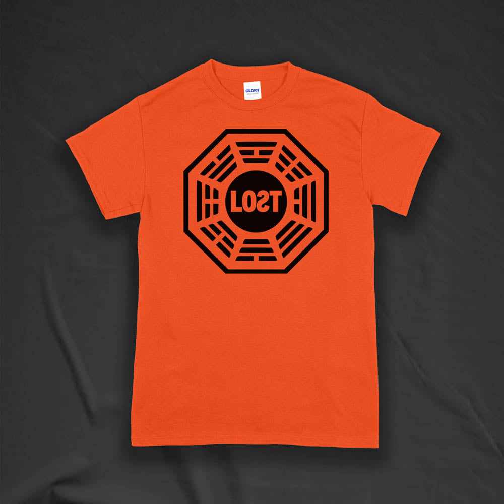 The Lost Initiative t-shirt by Lost Streetwear. The bold black logo is screen printed on a bright orange shirt.
