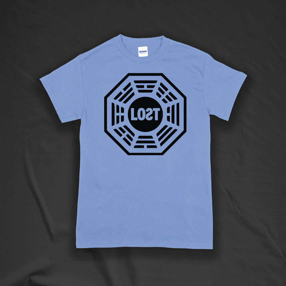 The Lost Initiative t-shirt by Lost Streetwear. The bold black logo is screen printed on a Carolina blue shirt.