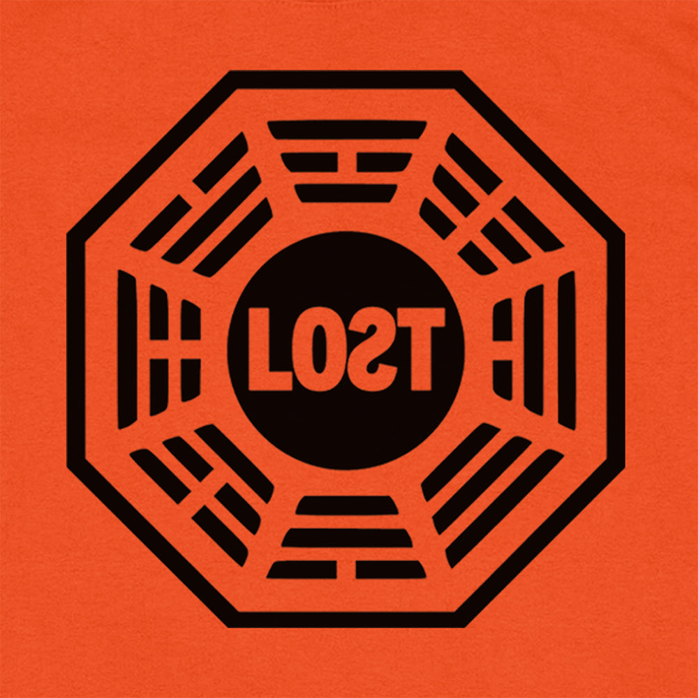 A close up view of the Lost Initiative t-shirt graphic. The bold black logo is screen printed on brightly colored orange shirt.
