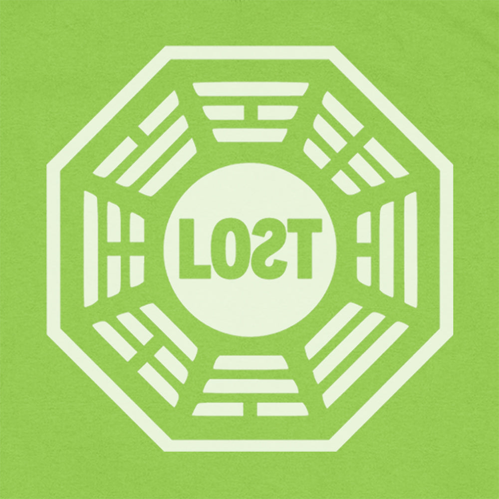 Close up view of the Lost Initiative t-shirt with a large solid white logo screen printed on a bright green shirt.