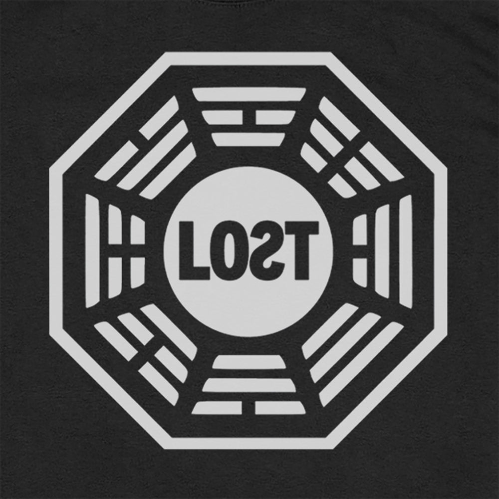 Close up view of the Lost Initiative t-shirt graphic. A large solid white logo with text screen printed on a black shirt.