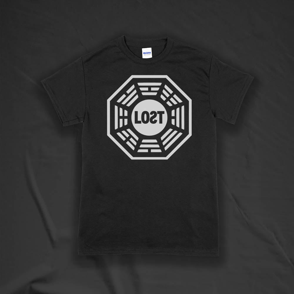 The Lost Initiative t-shirt with a large solid white logo screen printed on a black shirt.