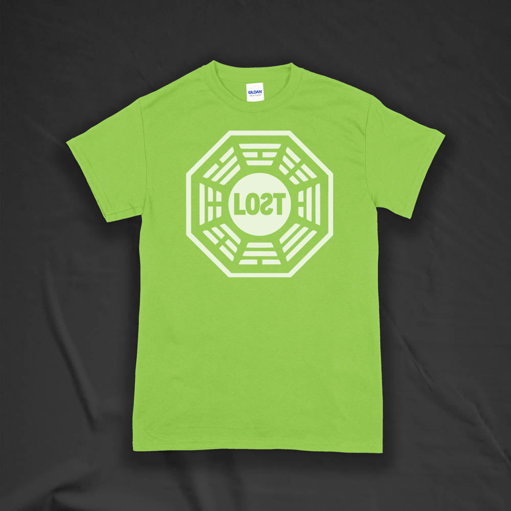 The Lost Initiative t-shirt with a large solid white logo screen printed on a lime green shirt.