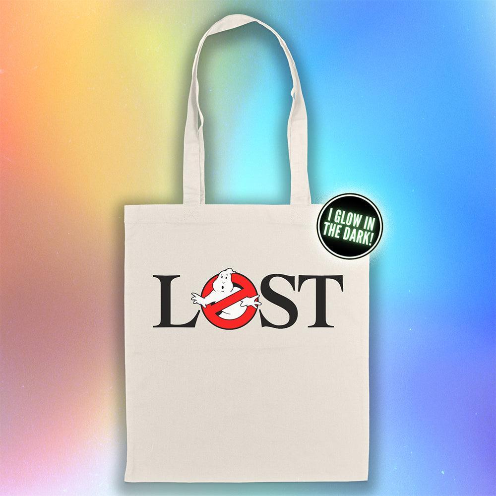 The LOSTBUSTERS tote bag features a surprised looking  ghost trapped in the O of the word LOST and vaguely resembling the original Ghostbusters logo. The crisp image is screen printed on a natural canvas tote bag.