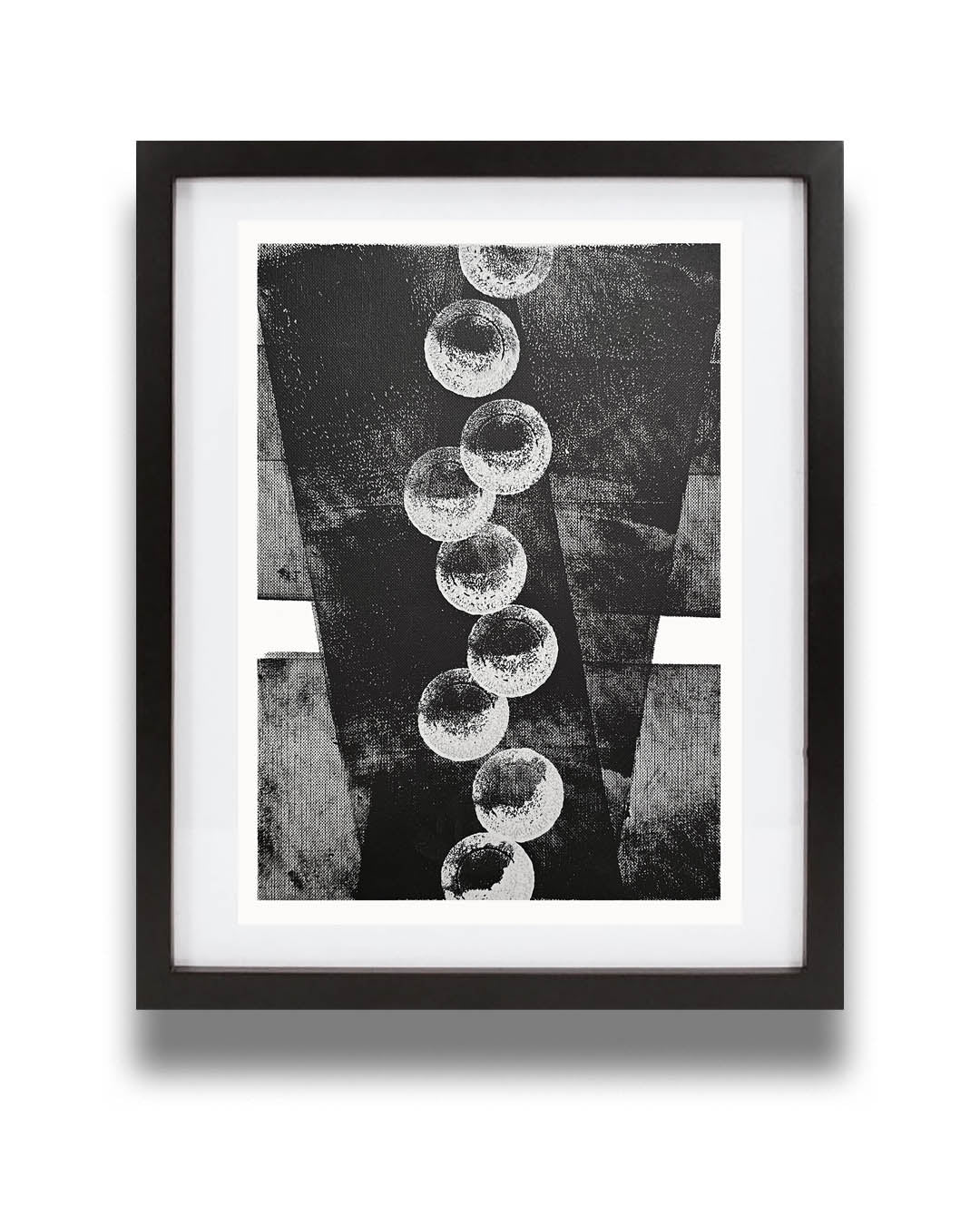 A monochromatic black and white abstract painting by Canadian artist Christopher Reilly