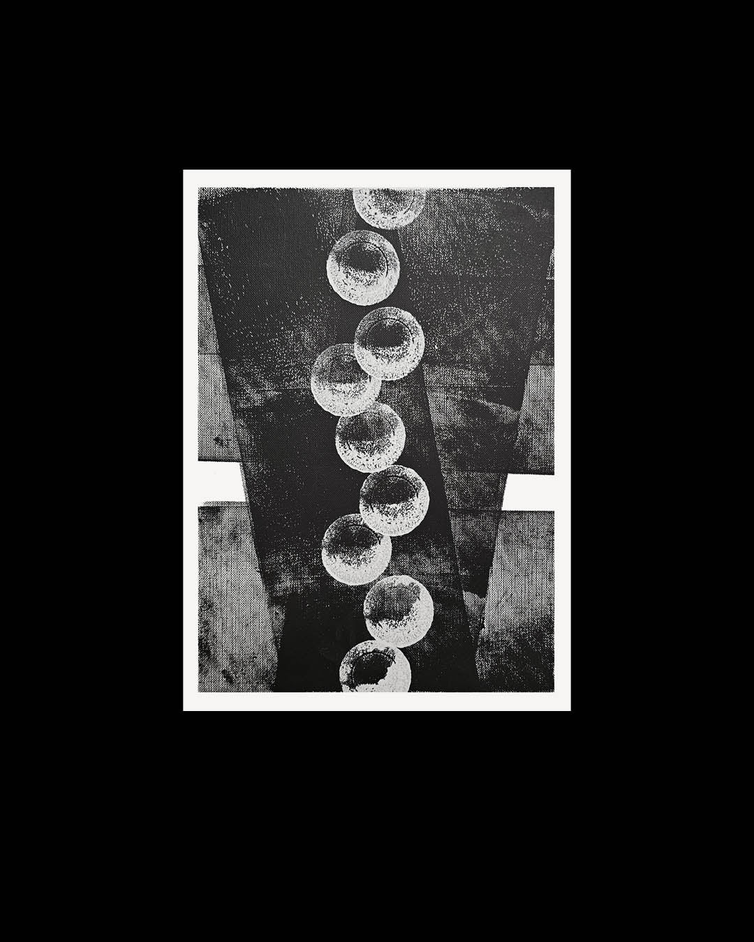 A monochromatic black and white abstract painting by Canadian artist Christopher Reilly