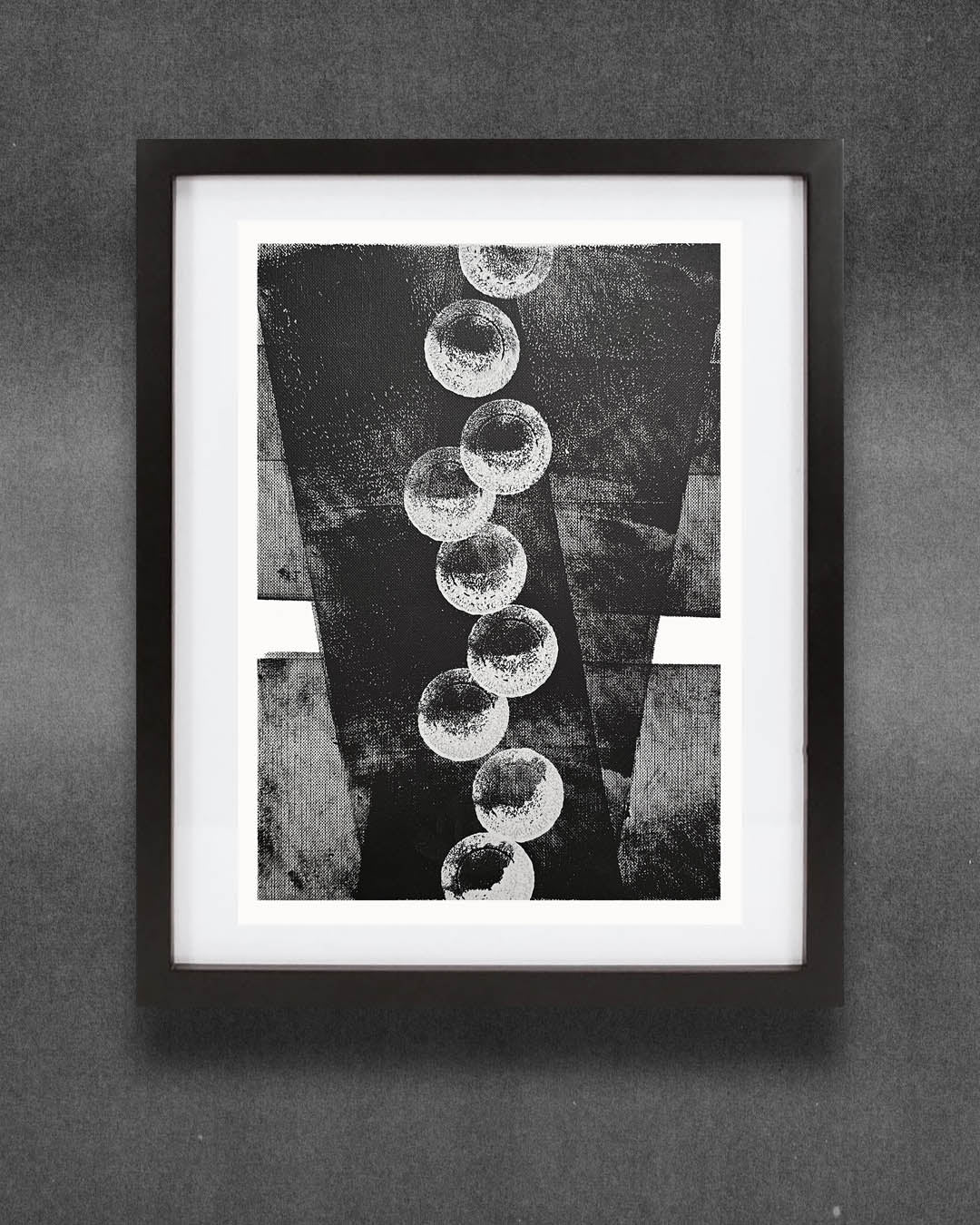 A monochromatic black and white abstract painting by Canadian artist Christopher Reilly