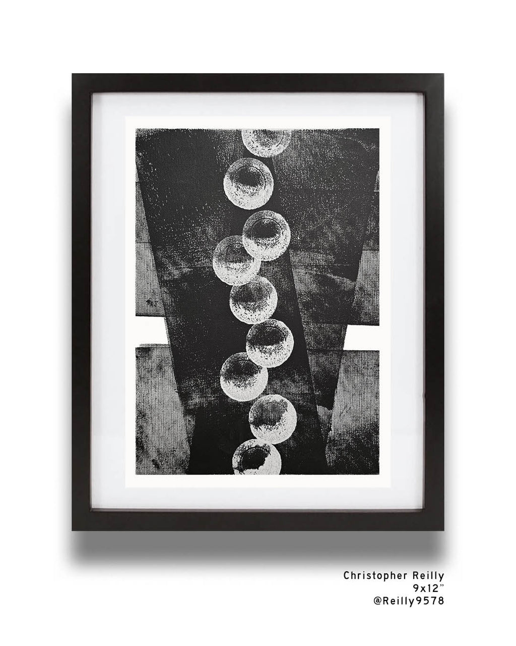 A monochromatic black and white abstract painting by Canadian artist Christopher Reilly
