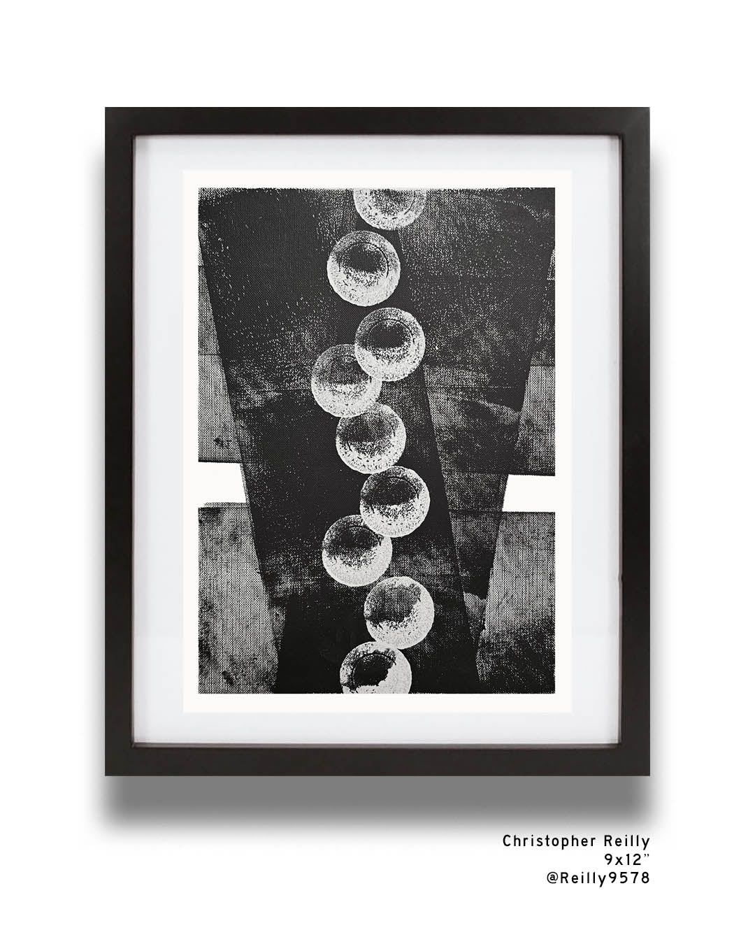 A monochromatic black and white abstract painting by Canadian artist Christopher Reilly