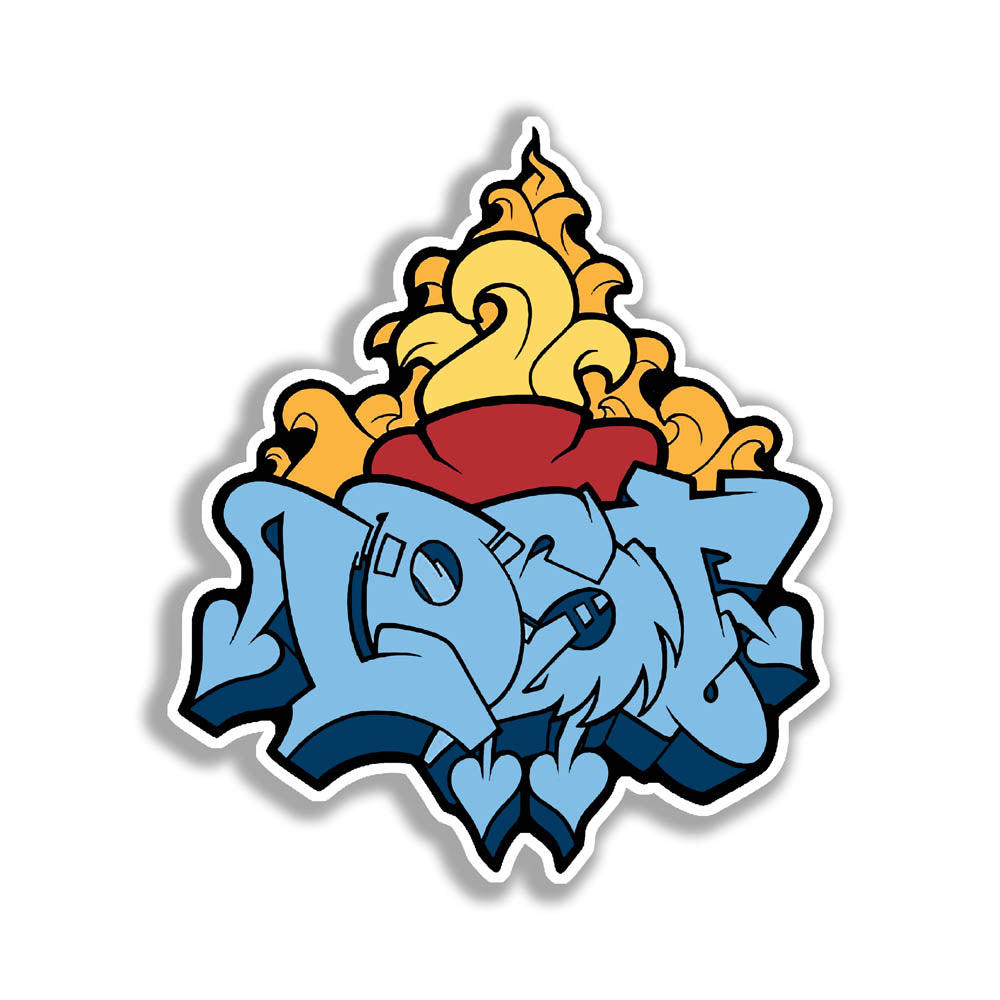 A tattoo flash styled sacred heart combined with a blue graffiti piece by lost. The heart and piece are have a thick black outline and the die cut sticker has a white offset. The sticker is displayed against a solid white background.