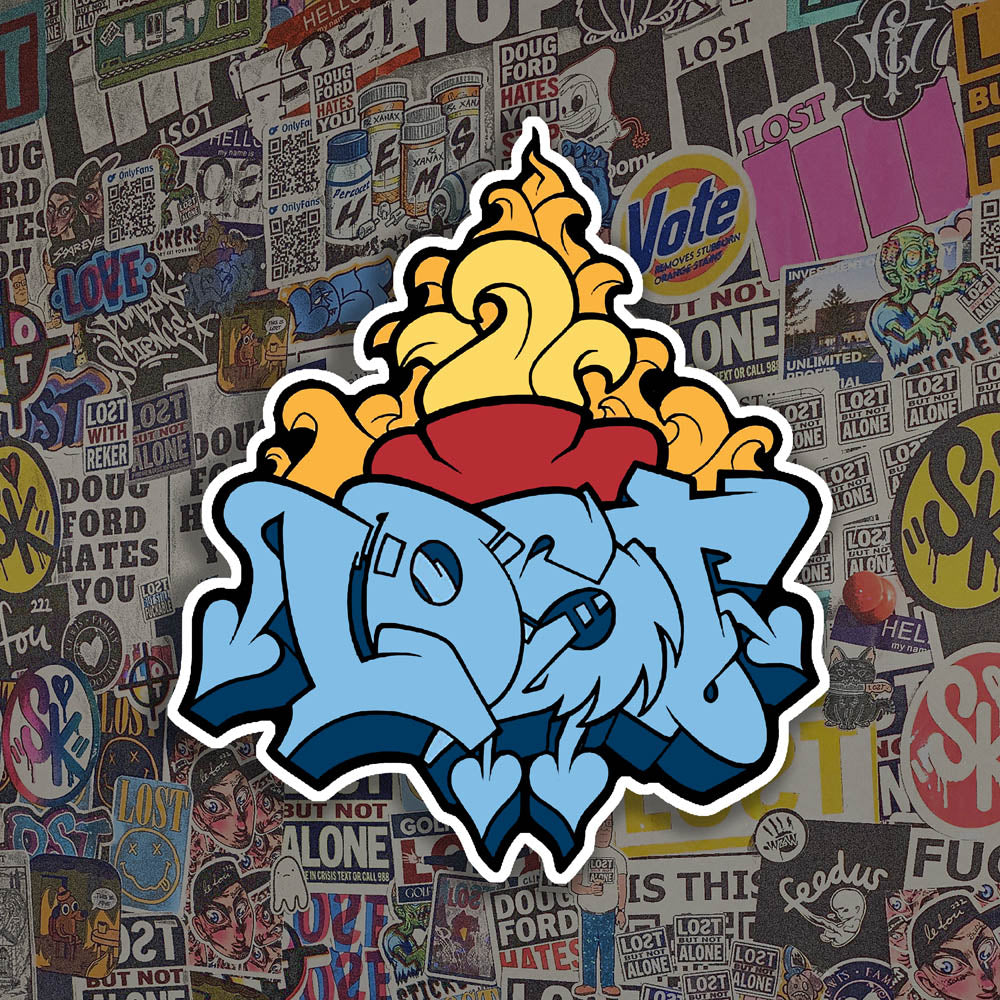 A tattoo flash styled sacred heart combined with a blue graffiti piece by lost. The heart and piece are have a thick black outline and the die cut sticker has a white offset. The sticker is displayed against a wall of colorful graffiti stickers.