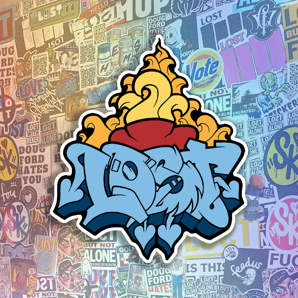 A tattoo flash styled sacred heart combined with a blue graffiti piece by lost. The heart and piece are have a thick black outline and the die cut sticker has a white offset. The sticker is displayed against a wall of colorful graffiti stickers.