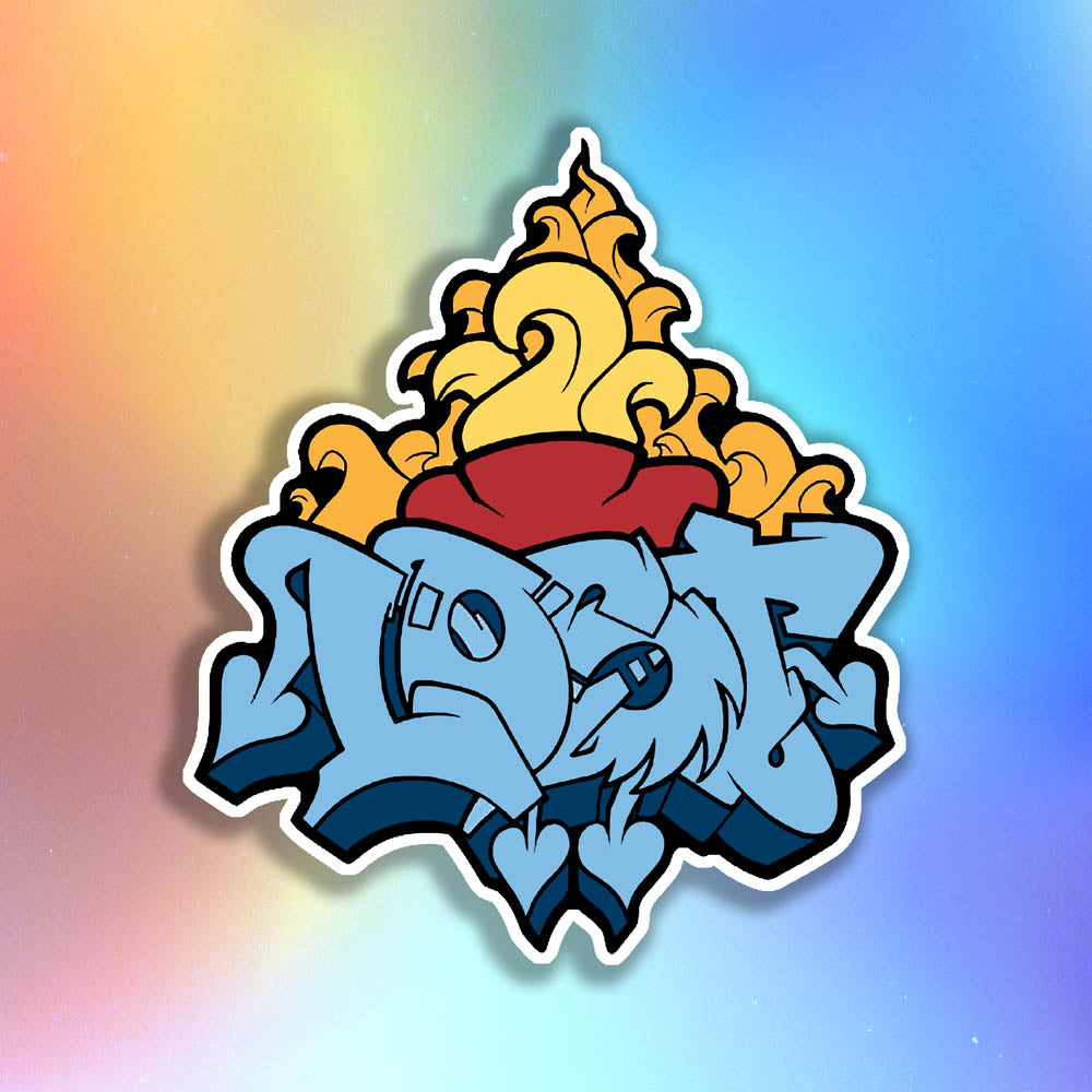 A tattoo flash styled sacred heart combined with a blue graffiti piece by lost. The heart and piece are have a thick black outline and the die cut sticker has a white offset. The sticker is displayed against holographic rainbow background.