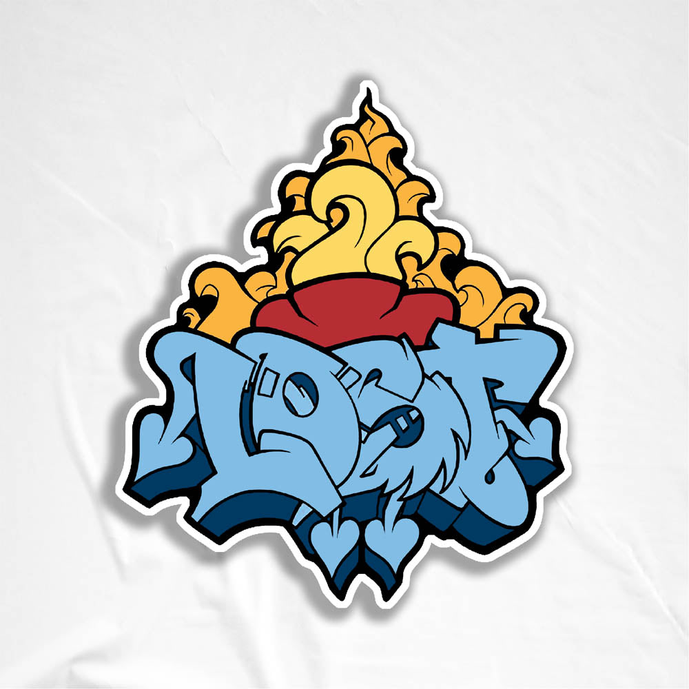 A tattoo flash styled sacred heart combined with a blue graffiti piece by lost. The heart and piece are have a thick black outline and the die cut sticker has a white offset. The sticker is displayed against a textured white background.