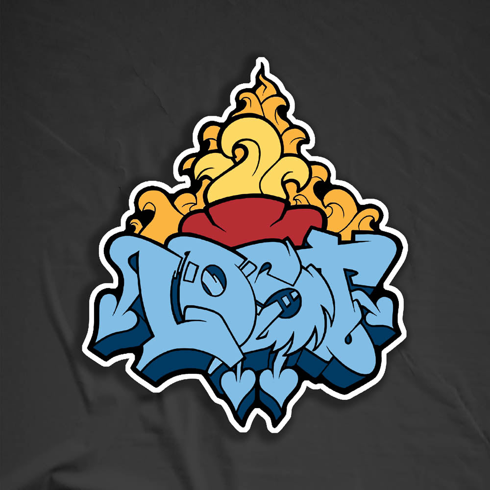 A tattoo flash styled sacred heart combined with a blue graffiti piece by lost. The heart and piece are have a thick black outline and the die cut sticker has a white offset. The sticker is displayed against a black textured background.