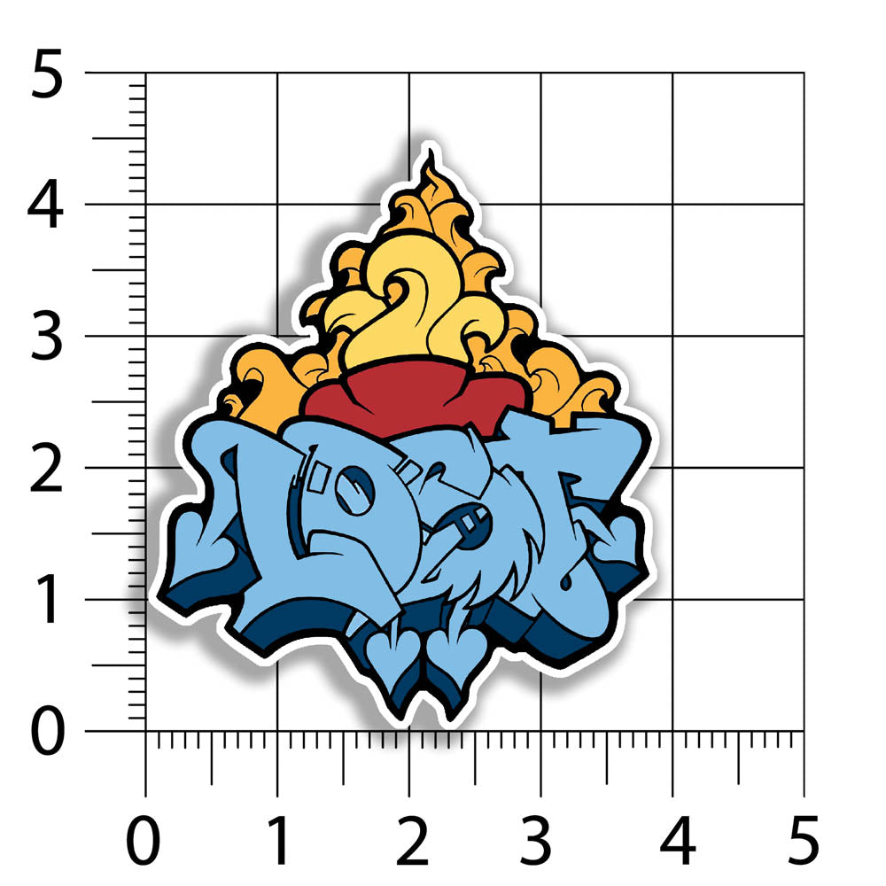 A tattoo flash styled sacred heart combined with a blue graffiti piece by lost. The heart and piece are have a thick black outline and the die cut sticker has a white offset. The sticker is displayed against a size chart showing that it measures almost 4 inches wide and 4.5 inches tall.