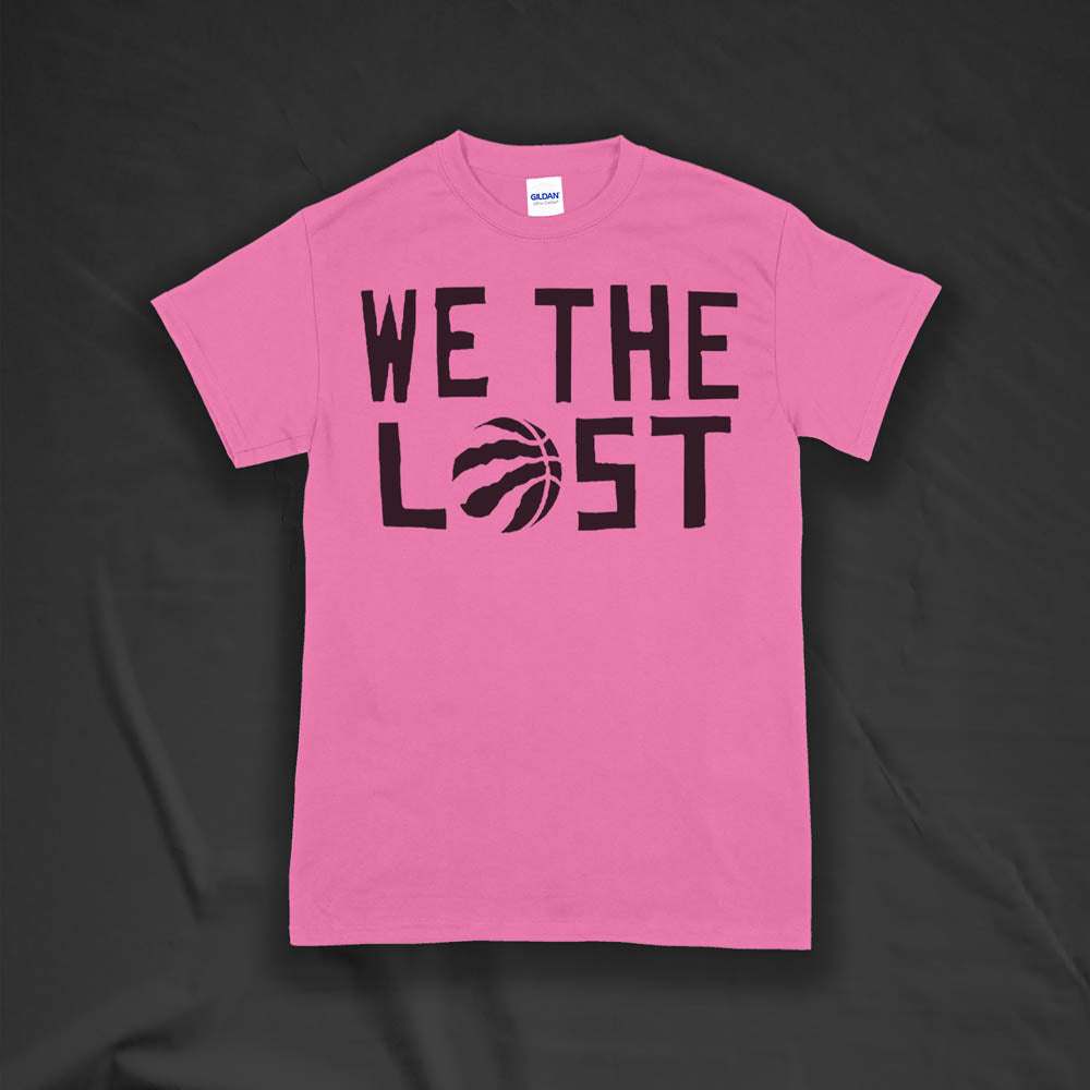 We The Lost t-shirt. Bold black lettering screen printed on an azalea pink shirt. 