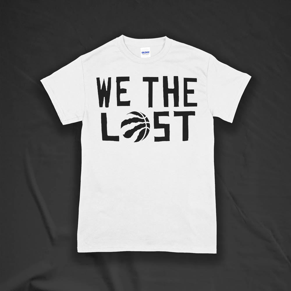 We The Lost t-shirt. Bold black lettering screen printed on a bright white shirt. 