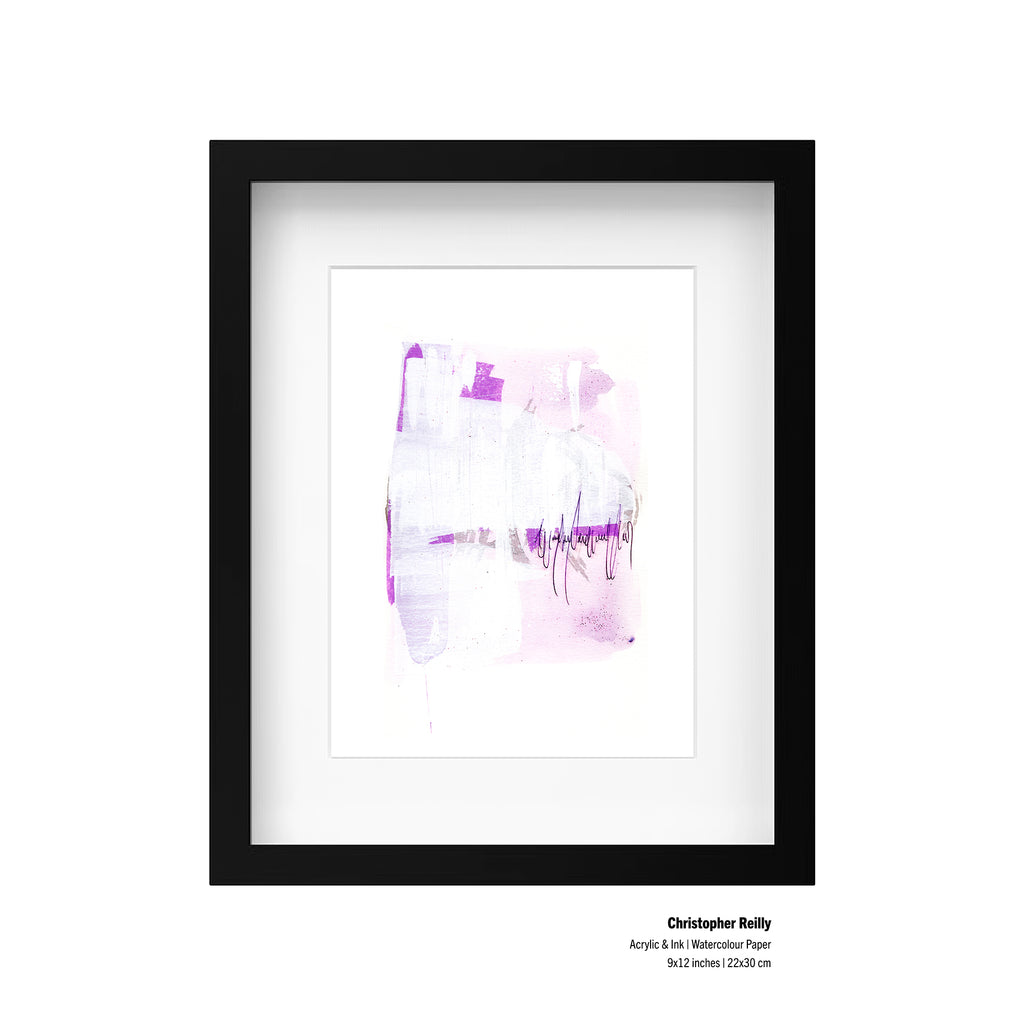 9x12 original abstract painting by Christopher Reilly. Pink and purple post-graffiti style with acrylic and ink. Painting is framed with a modern black frame against a white background. Artist and material information listed in the bottom right corner.