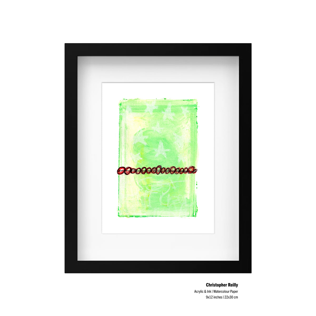Framed abstract painting featuring a textured light green rectangular composition with a horizontal red dotted line, presented in a black frame with a white mat. The painting is displayed on a clean white background with artist text details at the bottom right.