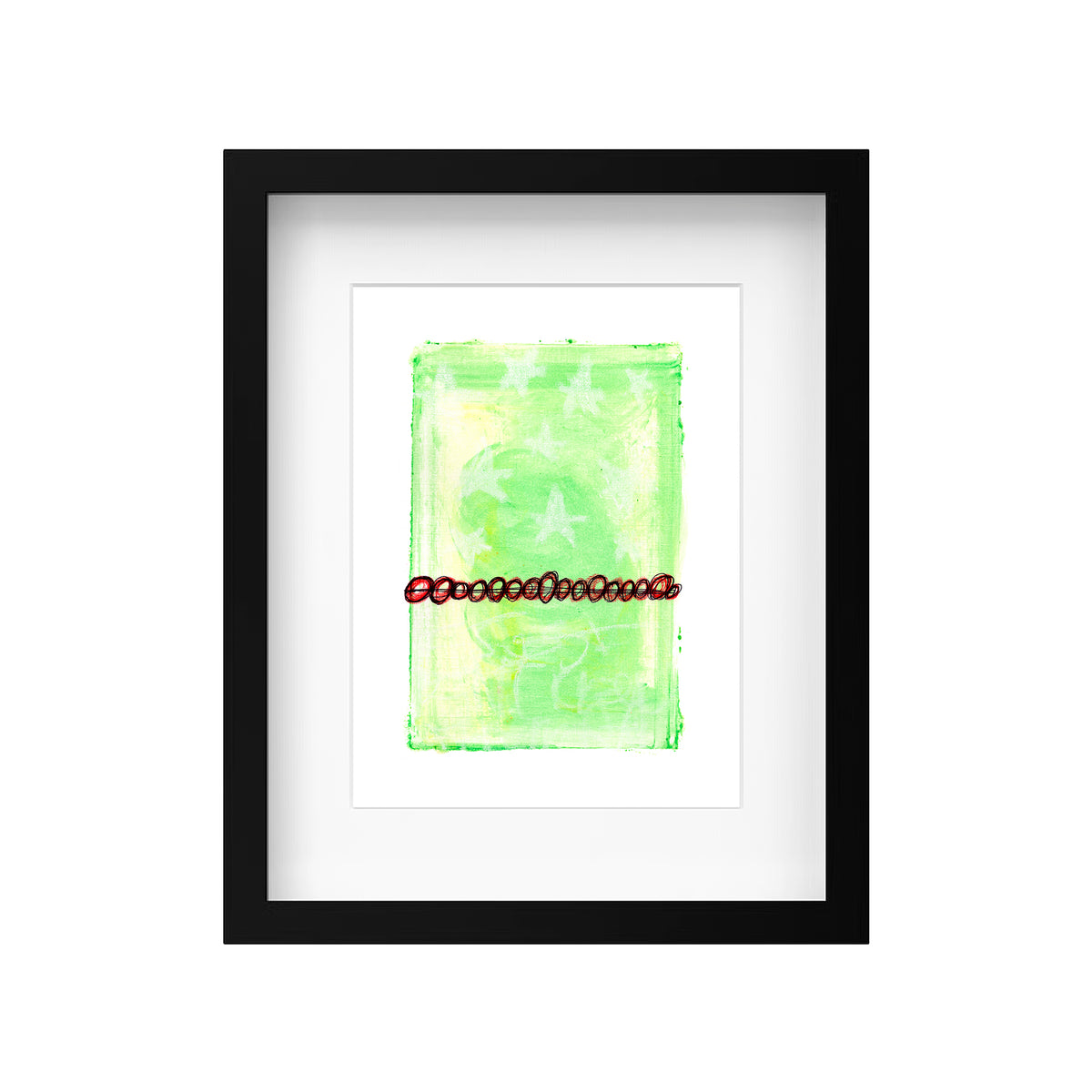 Original lime green and yellow abstract artwork by Canadian artist Christopher Reilly displayed in a modern black frame with a white mat.